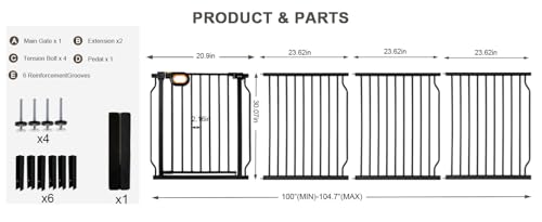 100 105 Inch Extra Wide Baby Gate for Stairs Doorways (Black / 100-104.7inch)