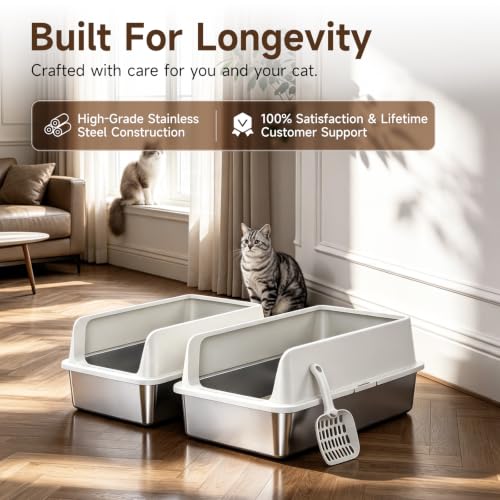 High Sided Stainless Steel XL Cat Litter Box for Cats (Grey XL 2PACK)
