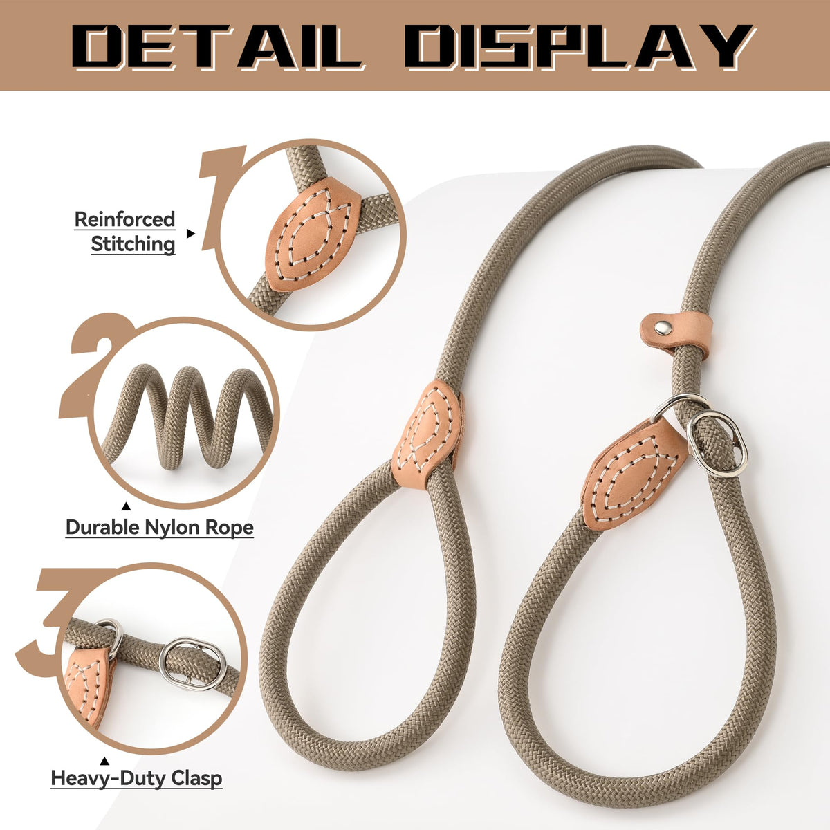 Heavy Duty Slip Lead No Pull Leash 6 (Khaki / 6 Feet)