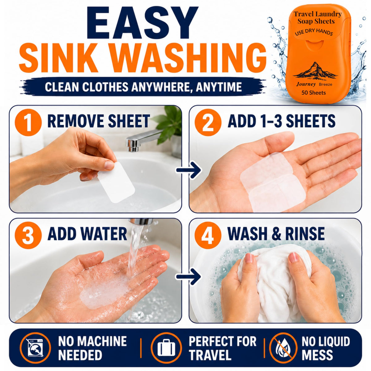 Travel Laundry Detergent Sheets with Laundry Bag and Strong Portable Clothesline (Pocket Sheets (50) + Laundry Bag + Light Clothesline)