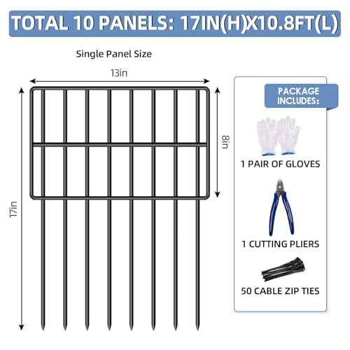 17in(H) x10ft(L) Garden Animal Barrier Fence, No Dig Decorative Fences, 1.5in Spike Spacing Rustproof Metal Garden Fence Border for Dogs Rabbits, Bottom Blocker for Outdoor Yard Patio (10FT x17in(H), 9pack)