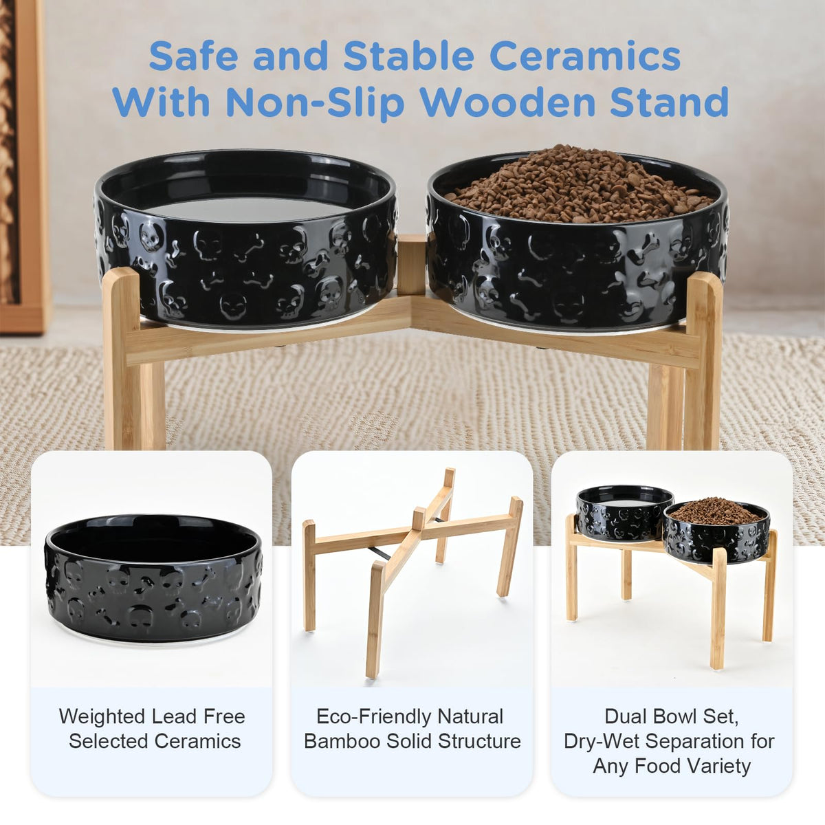 Elevated Dog Bowls Ceramic (8.3 in - 7.6 cups / Black- Skull)