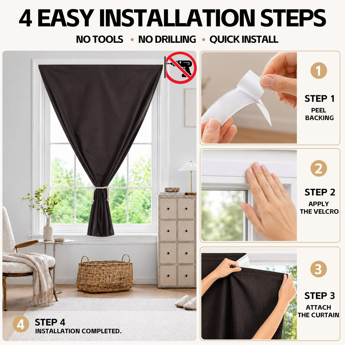 Adhesive Blackout Curtains for Blinds (Dark Coffee / 52"W x 84"H)