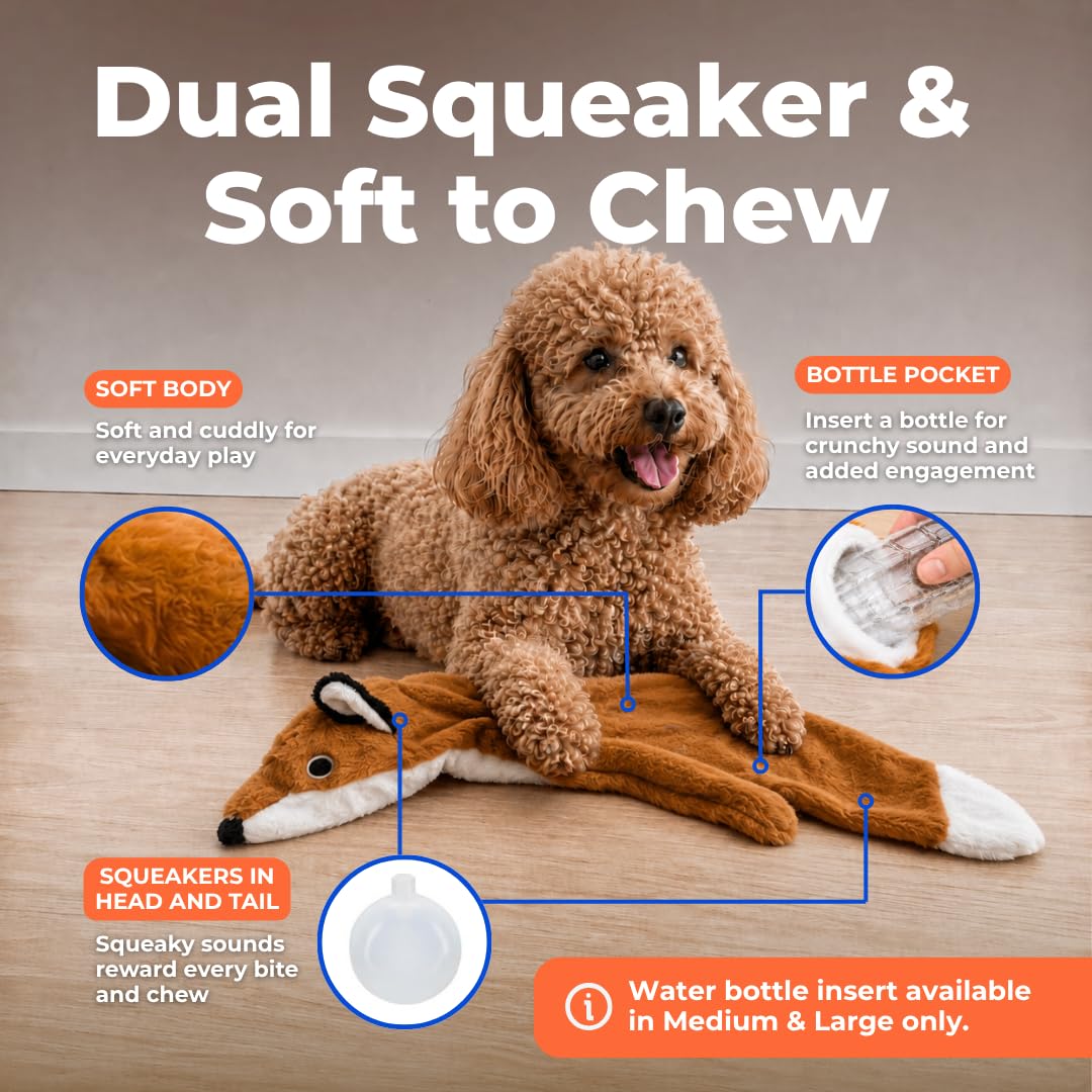 2-in-1 Stuffless Squeaky Dog Toy - Fox, Medium (Brown/Fox / Medium)