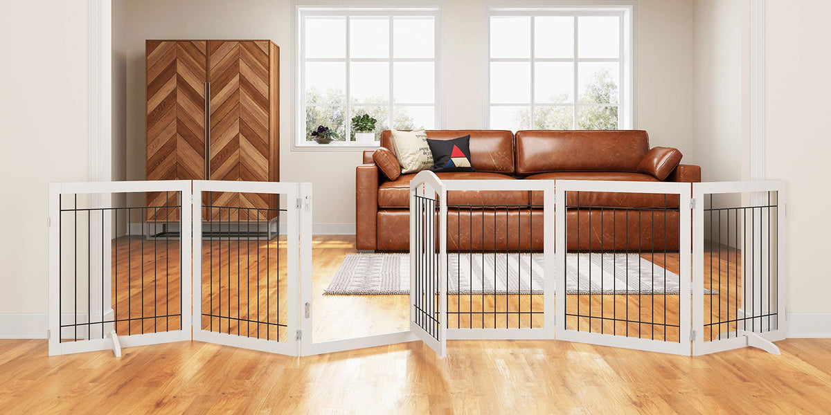 Dog Gate Indoor with Door (White / 【6 Panels with Door】144"W x 32"H)
