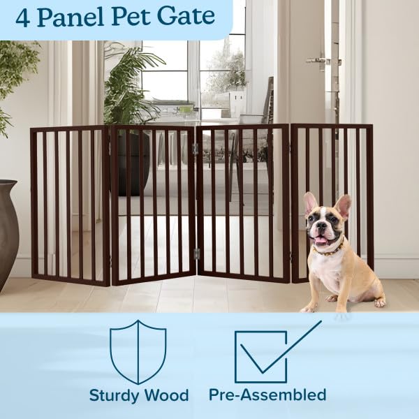 Pet Gate - 4-Panel Indoor Foldable Dog Fence for Stairs, Hallways or Doorways - 72x24-Inch Retractable Wood Freestanding Dog Gates by PETMAKER (Brown) (Brown / 4 Panel)