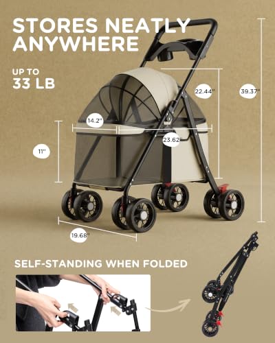 Foldable Pet Stroller for Small Dogs and Cats (Cream)
