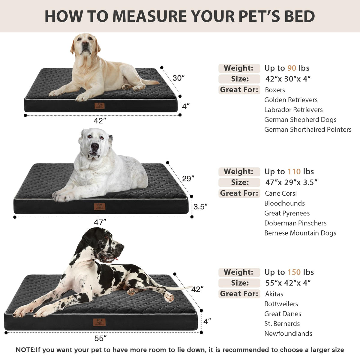 Orthopedic Waterproof Extra Large Senior Dogs Bed for Comfy Sleep (black / 42"L x 30"W x 4"Th)