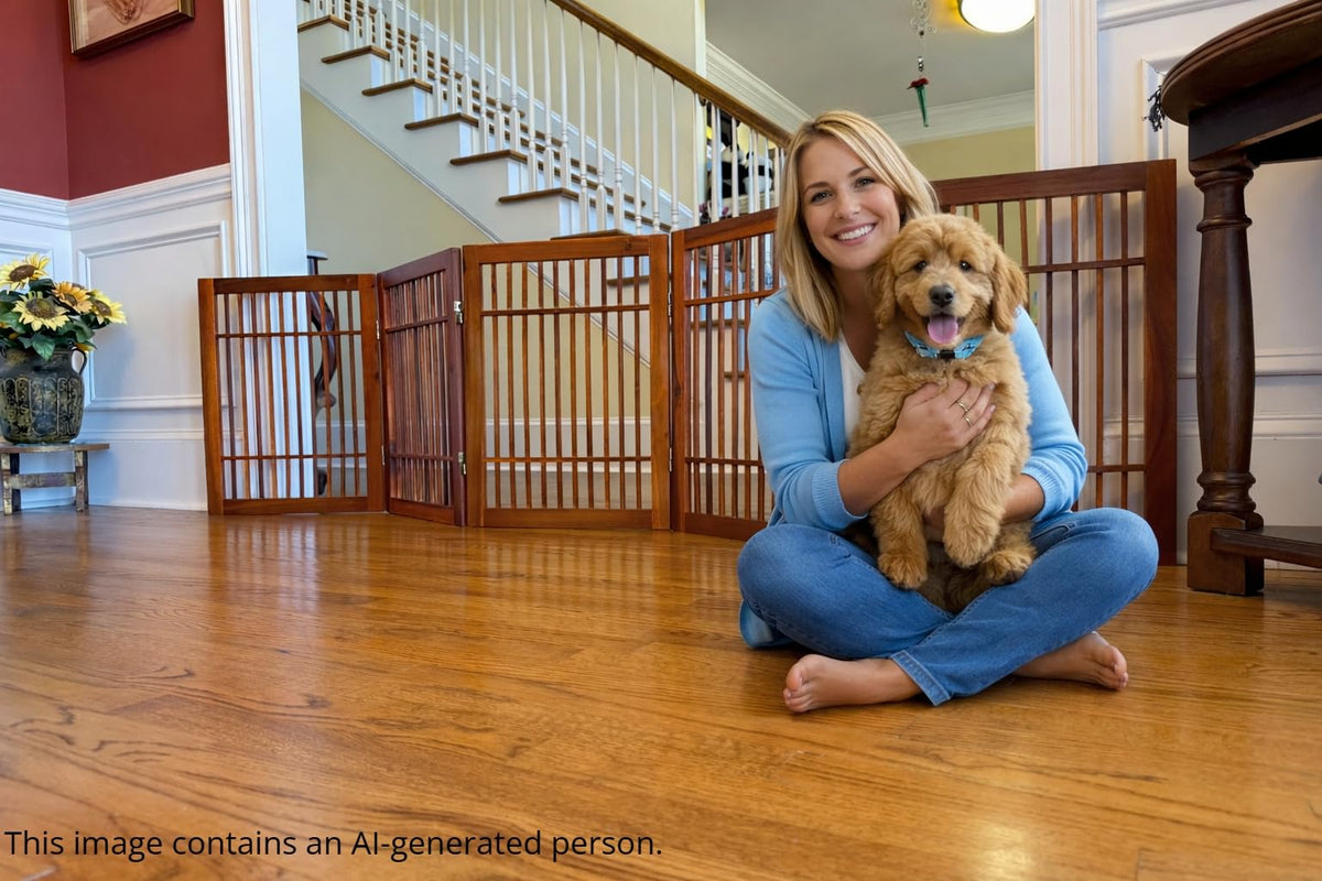 Freestanding Wooden Dog Gate Foldable Indoor Pet Gate No Drill Expandable Barrier for Doorways Stairs Hallways Portable Wood Fence for Small Dogs & Puppies (5 Panel 24" Tall / Brown Pet Gate)
