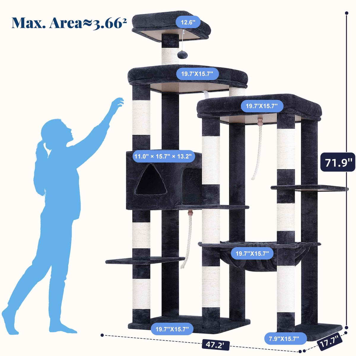 Cat Tree Tower with Stable Extended Base (Smoky Gray / 71.9 Inches)