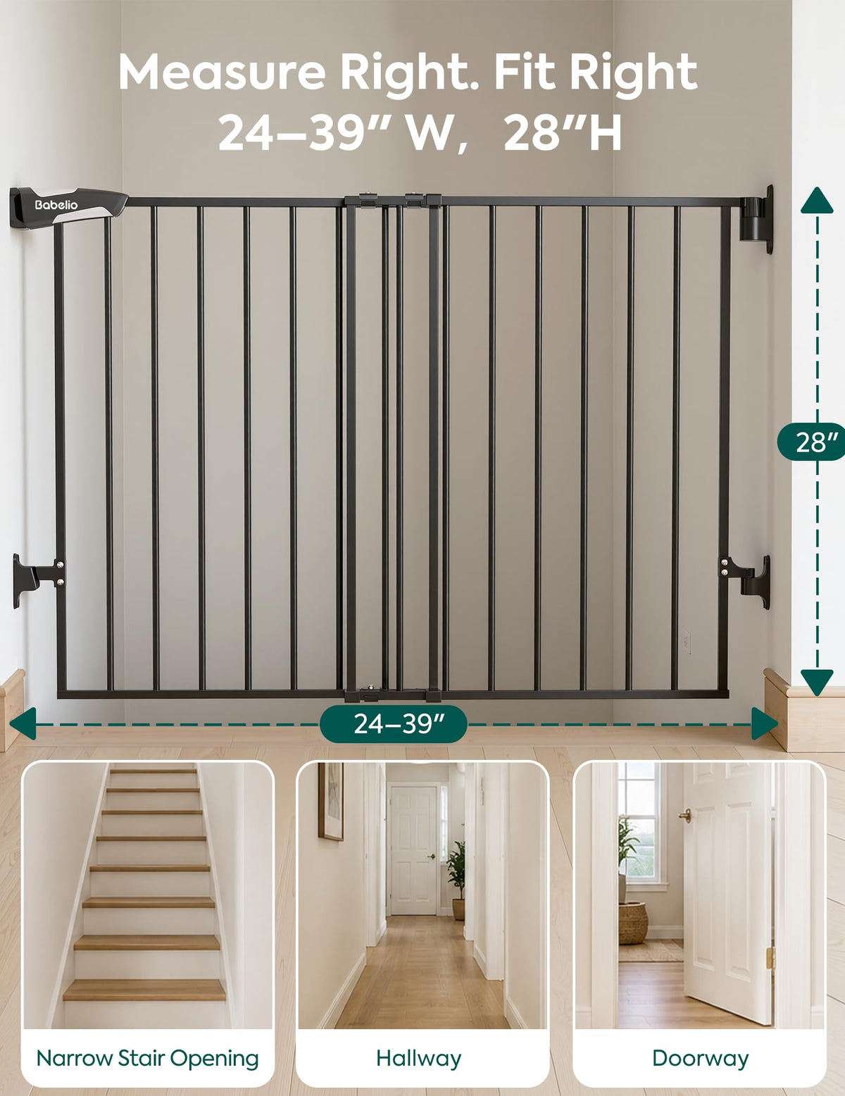 Baby Gate for Stairs (Black / 28" H, 24-39" W-Compact)