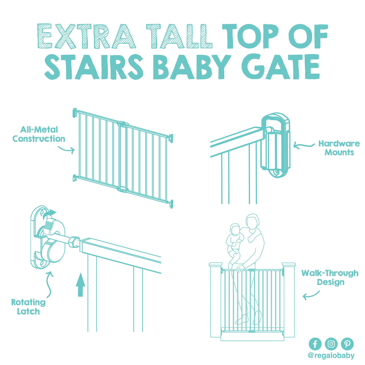 Safety 36" Extra Tall Baby Gate for Top of Stairs & Dooways (Black / 24-40.5"W x 36"H)