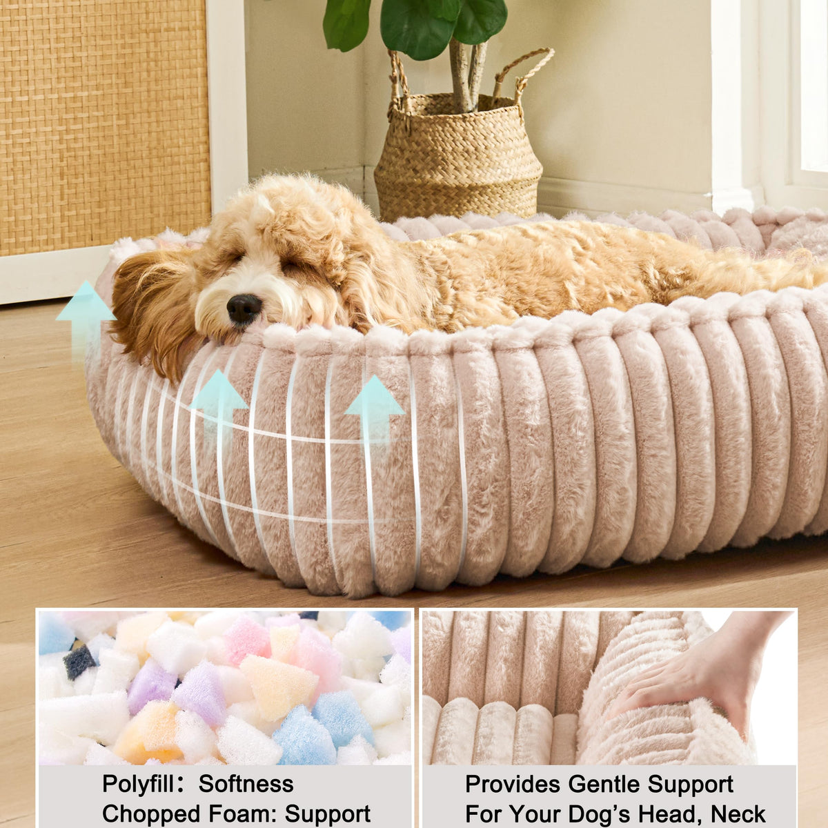 Medium Dog Bed Calming Cat Bed for Indoor Cats 24’’x20’’ Khaki (Khaki / 24"L x 20"W x 6"Th)