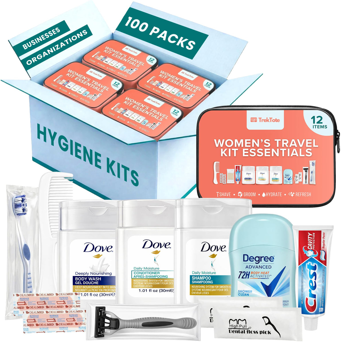 Bulk Hygiene Kits for Women Premium Name Brand Outreach Supplies (100 Pack)