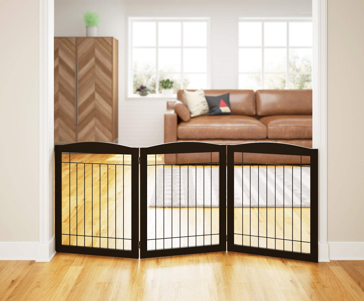 Extra Wide Foldable Dog gate for Doorway (Espresso / 【3 Panels】72"W x 32"H)