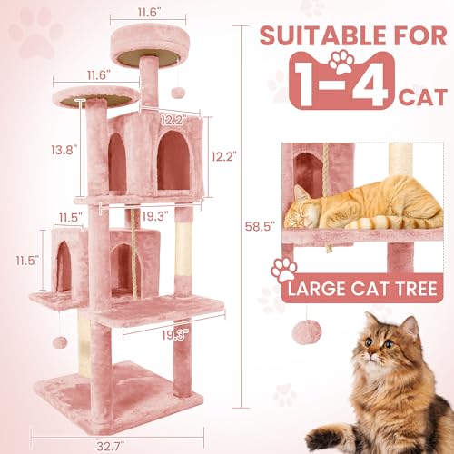 58.5inch Large Cat Tree Tower Condo for Indoor Cats (58.5in / Pink)