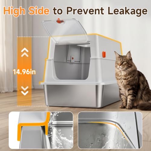 XL Enclosed Stainless Steel Litter Box with Lid (Light Gray)