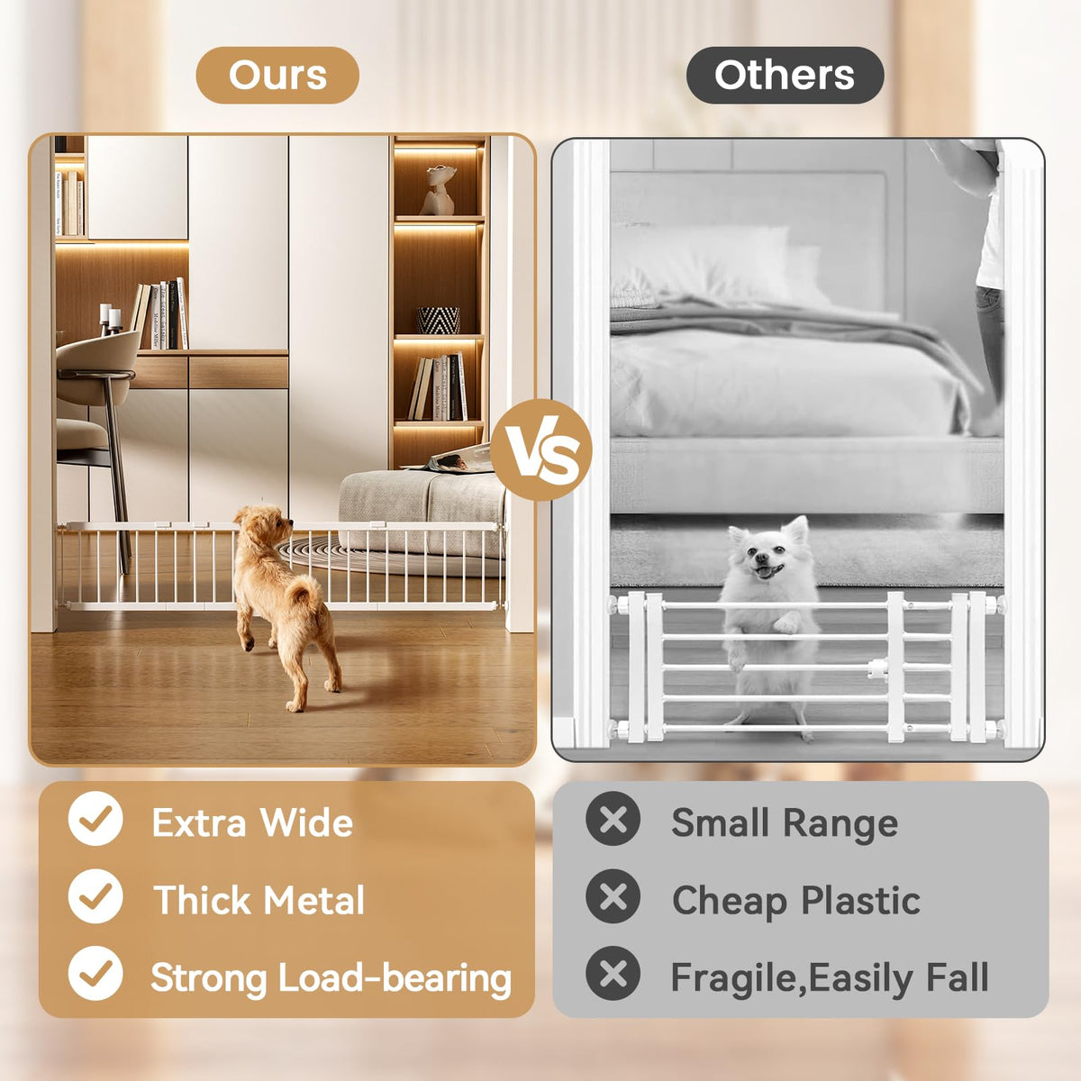 Dog Gate - 18"-45" Adjustable Extra Wide Metal Baby Gate to Step Over, 10" Tall Small Pet Gate with 3 Extension Kits, Pressure Mounted for Doorways & Stairs (18-45''W*10''H / White)