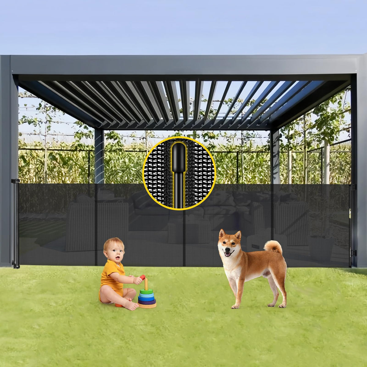 Reinforced 42” Tall x 160” Extra Wide Retractable Baby Gates with Rods (Black / Reinforced 42" Tall X 160" Wide)