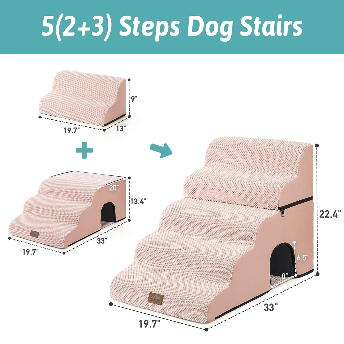 Extra Wide Small Dog Stairs with Tunnel (Pink / Detachable 19.7" x 33" x 22.4")