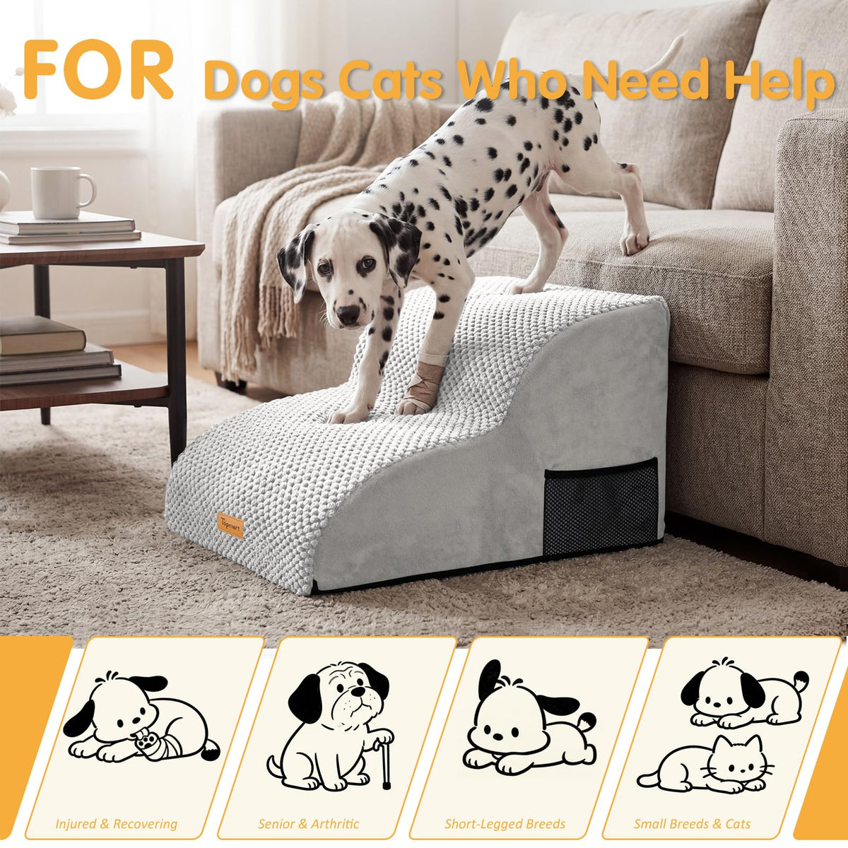 High Density Extended Foam Dog Ramp&Steps 2 Tiers (Light Grey / 21.7*15.7*11.8)