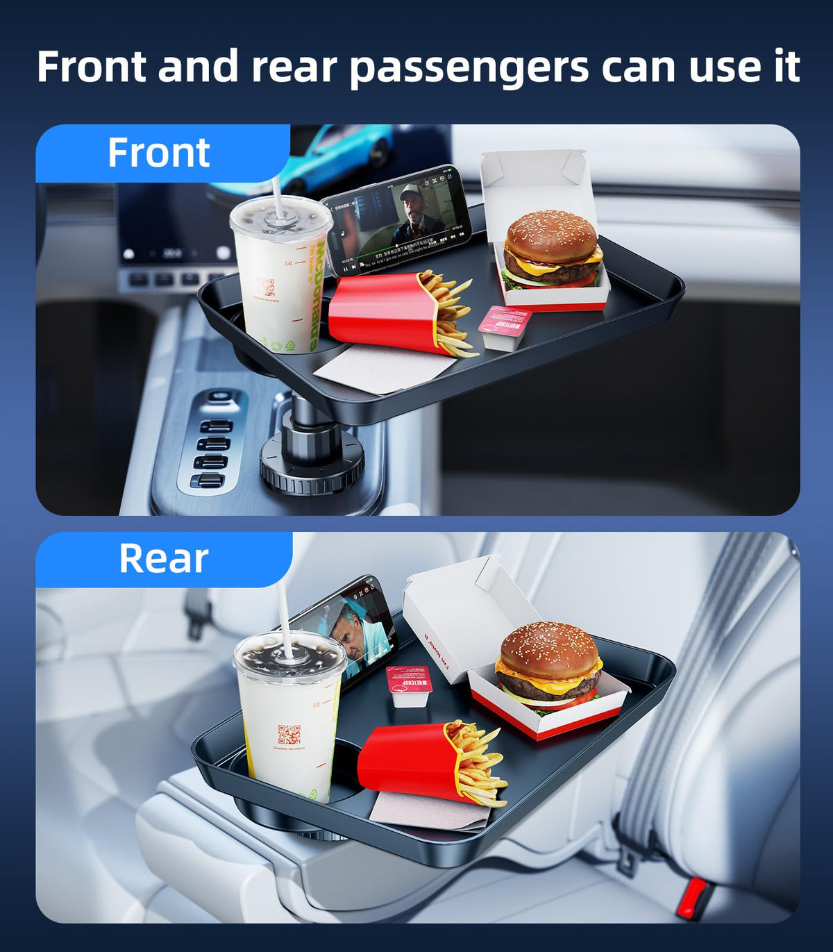 Tesla Model 3 Y ABS Car Cup Holder Tray Expander for Food Snack (11.8"*8.3"-Rectangular Tray)