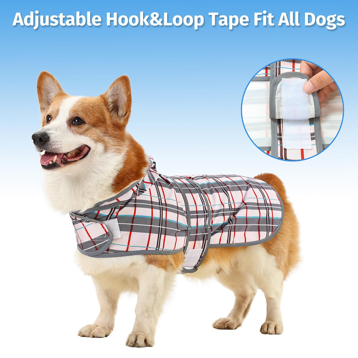 Dog Raincoat for Large Dogs Waterproof Jacket Hooded Rain Coats with Reflective Strips Leash Hole & Poncho Adjustable Fit (Khaki Plaid / Large)