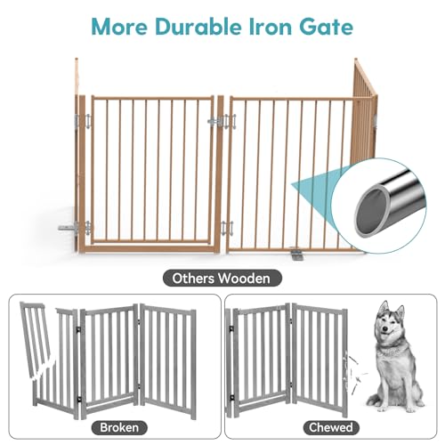 Freestanding Dog Gate with Door for Indoor & Outdoor (Brown / 【4 Panels with Door】104"W×30"H)