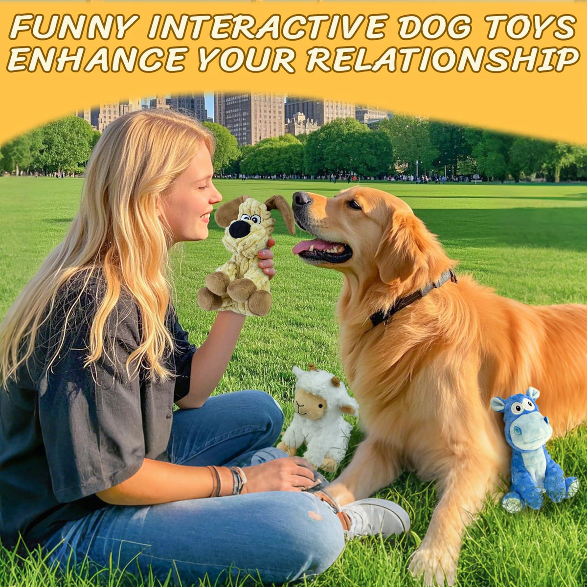 Squeaky Stuffed 3PCS Dog Toys (Blue&Khaki&White)