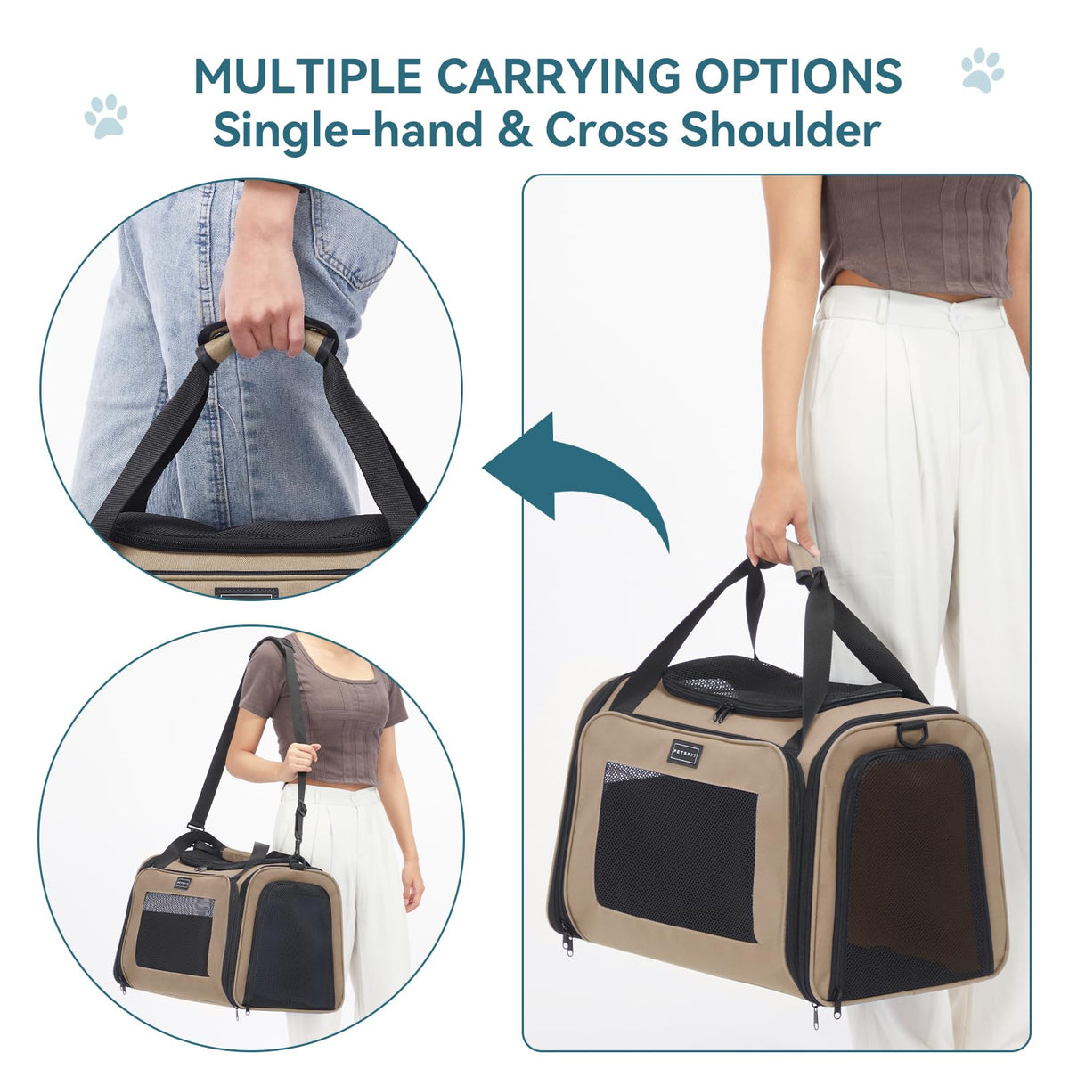 Soft Sided Cat Carrier for Medium Cats up to 25 lbs (20.0"L x 13.0"W x 13.0"H / New Khaki)
