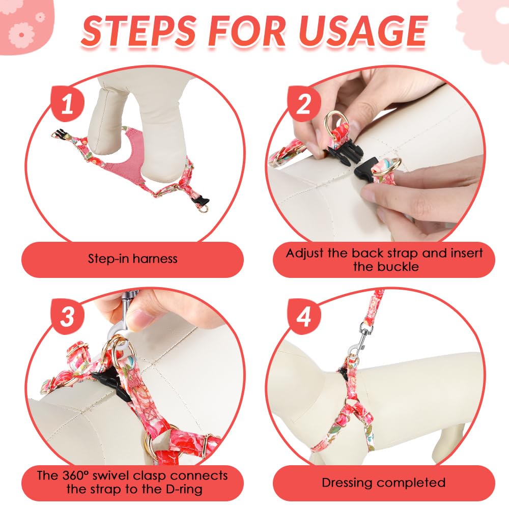 No Pull Dog Harness with Leash for Small Medium Dogs (X-Small(6-11lb) / Pink Rose)