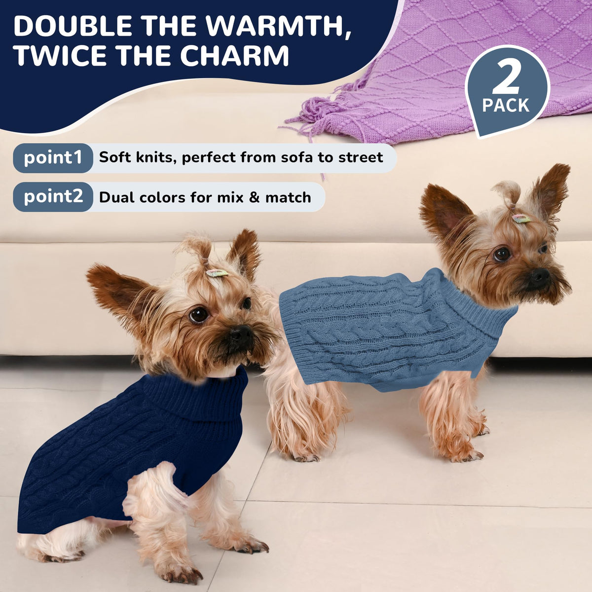 Dog Sweater 2 Pack for Small Dogs (Navy & Blue / X-Small)