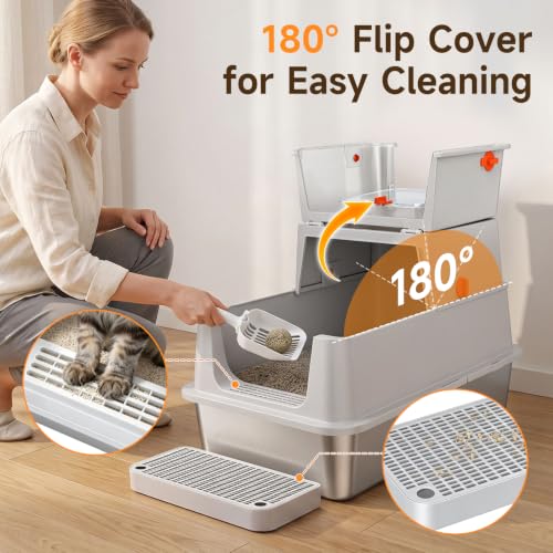 XL Enclosed Stainless Steel Litter Box with Lid (Light Gray)
