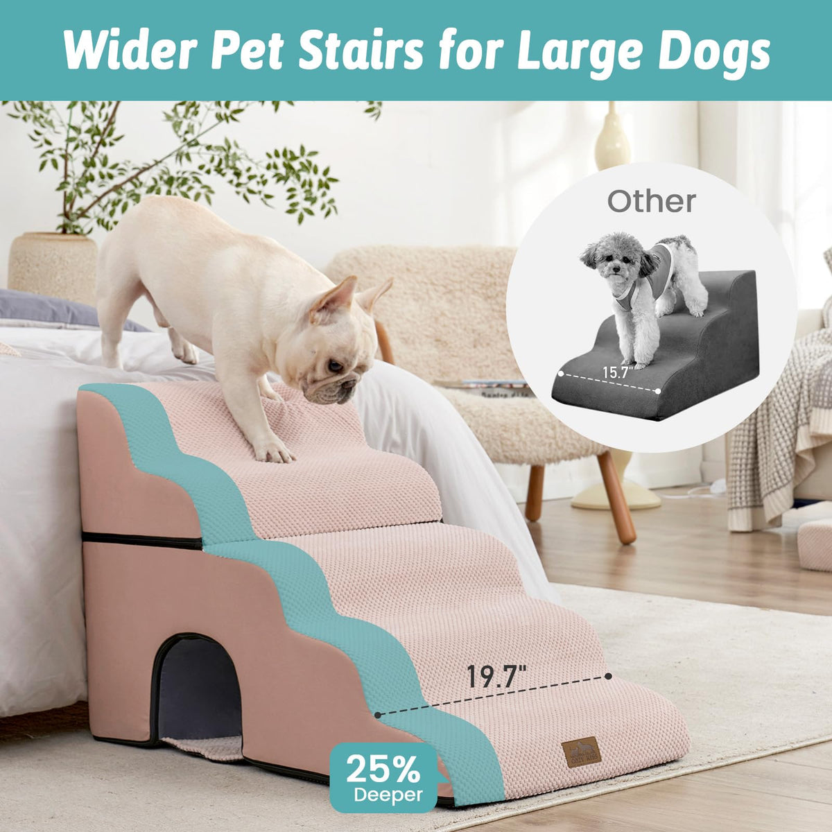 Extra Wide Small Dog Stairs with Tunnel (Pink / Detachable 19.7" x 33" x 22.4")