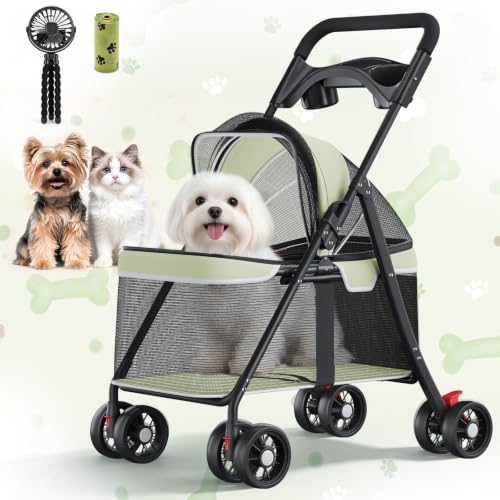 Foldable Pet Stroller with Cooling Fan (★Light Green Stroller + Fan【Full Mesh】)