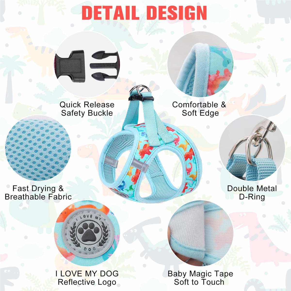 Small Dog Harness and Leash Set (Small(Chest Girth 14.5" - 16") / Dinosaurs Pattern)