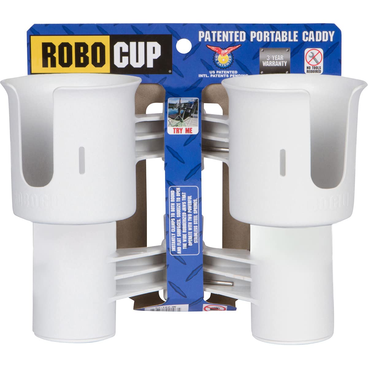 White), Patented Clamp On Boat Cup Holder |Multifunction Dual Drink Caddy for Fishing Poles, Tools, Net, Gaff |Portable Storage for Boating, Beach, Umbrellas, Golf Carts, Strollers (White / Standard Spring)