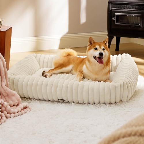 ComfyFleece® Cute Dog Beds Large Sized Dog Washable (36.0"L x 27.0"W x 8.0"Th / Cream)
