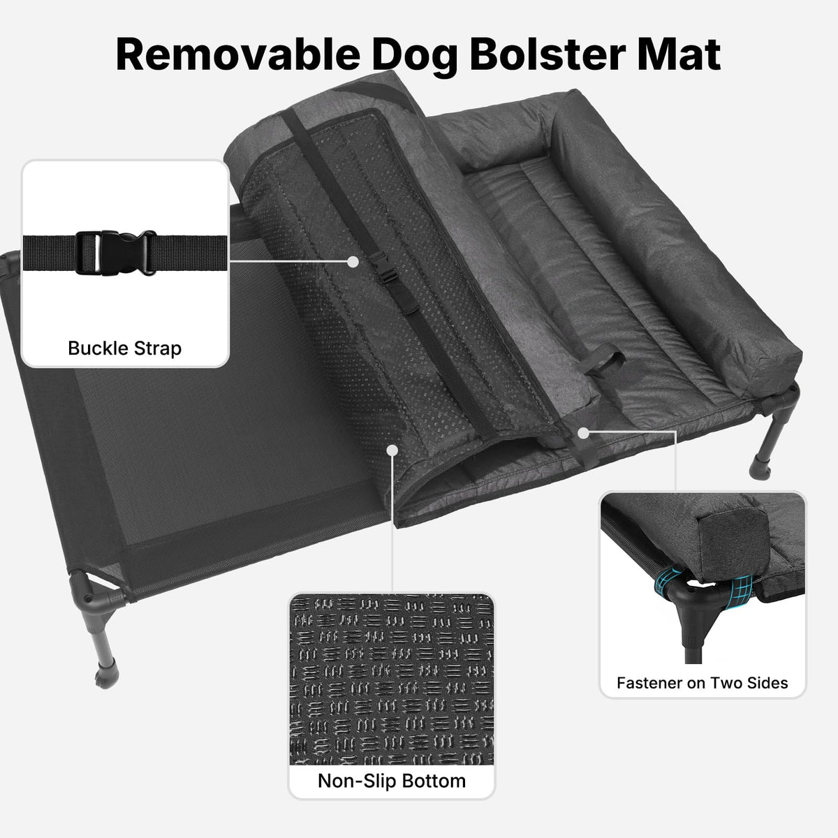 Outdoor Elevated Dog Bed with Waterproof Bolster Cushion (Black / 53.0"L x 37.5"W x 9.0"Th)