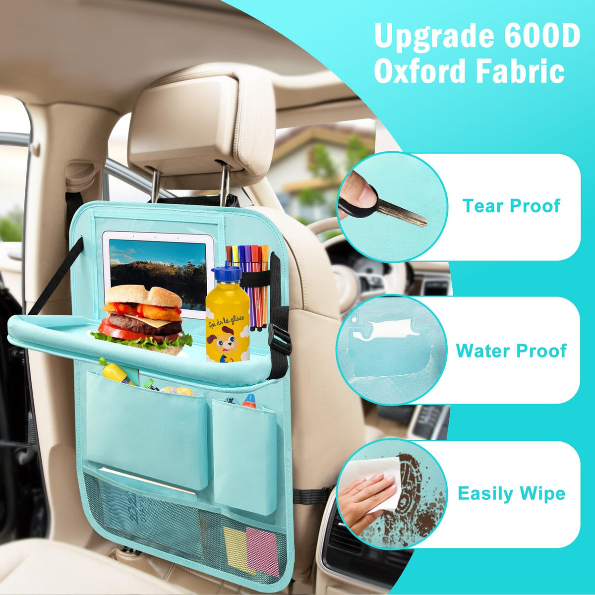 2 Pack Car Backseat Organizer with Foldable Table Tray Blue (Blue / 2 Pack with Food Tray)