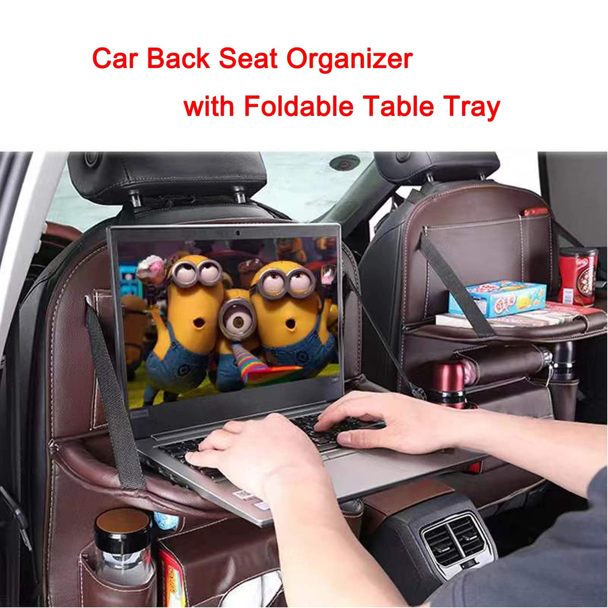 Premium PU Leather Backseat Seat Organizer with Foldable Table (2 Pack / Black)