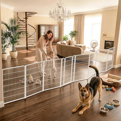Dog Gate Extra Wide Adjustable for Openings Up to 219" (White / Up to 219" W【7 Panels + 1 Door】 / 45"H)