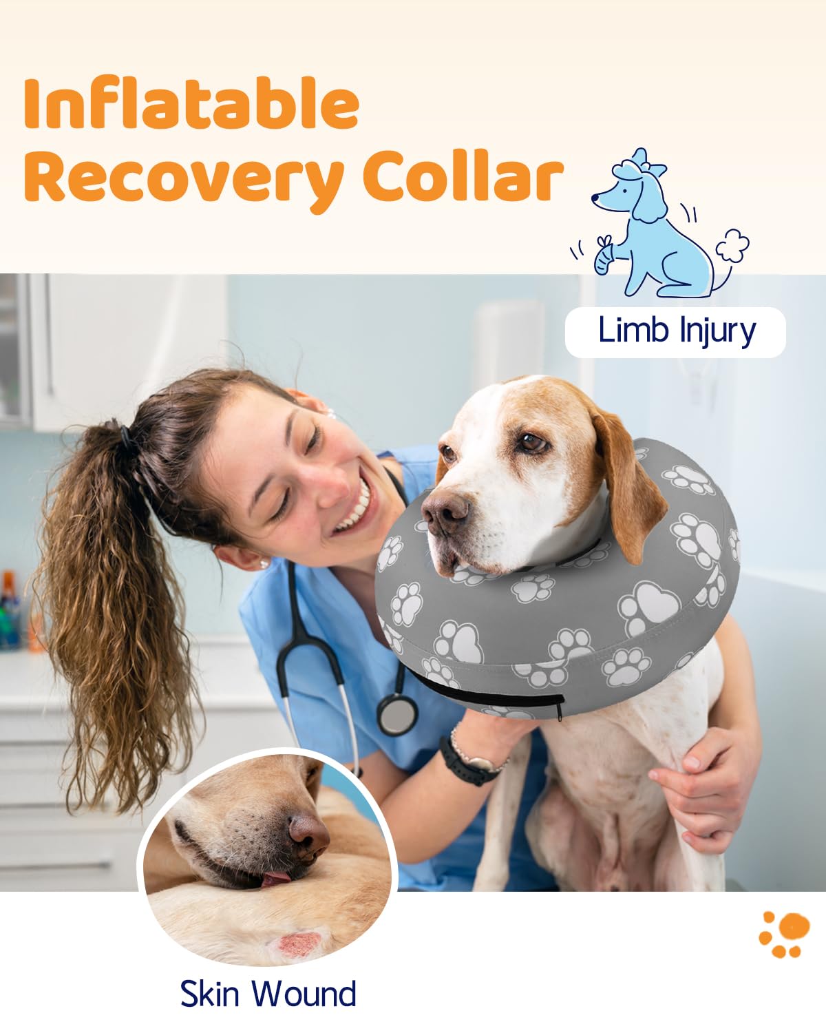 Inflatable Dog Cone Collar Alternative After Surgery (T Paw Grey / XL(Neck 14"-18"))