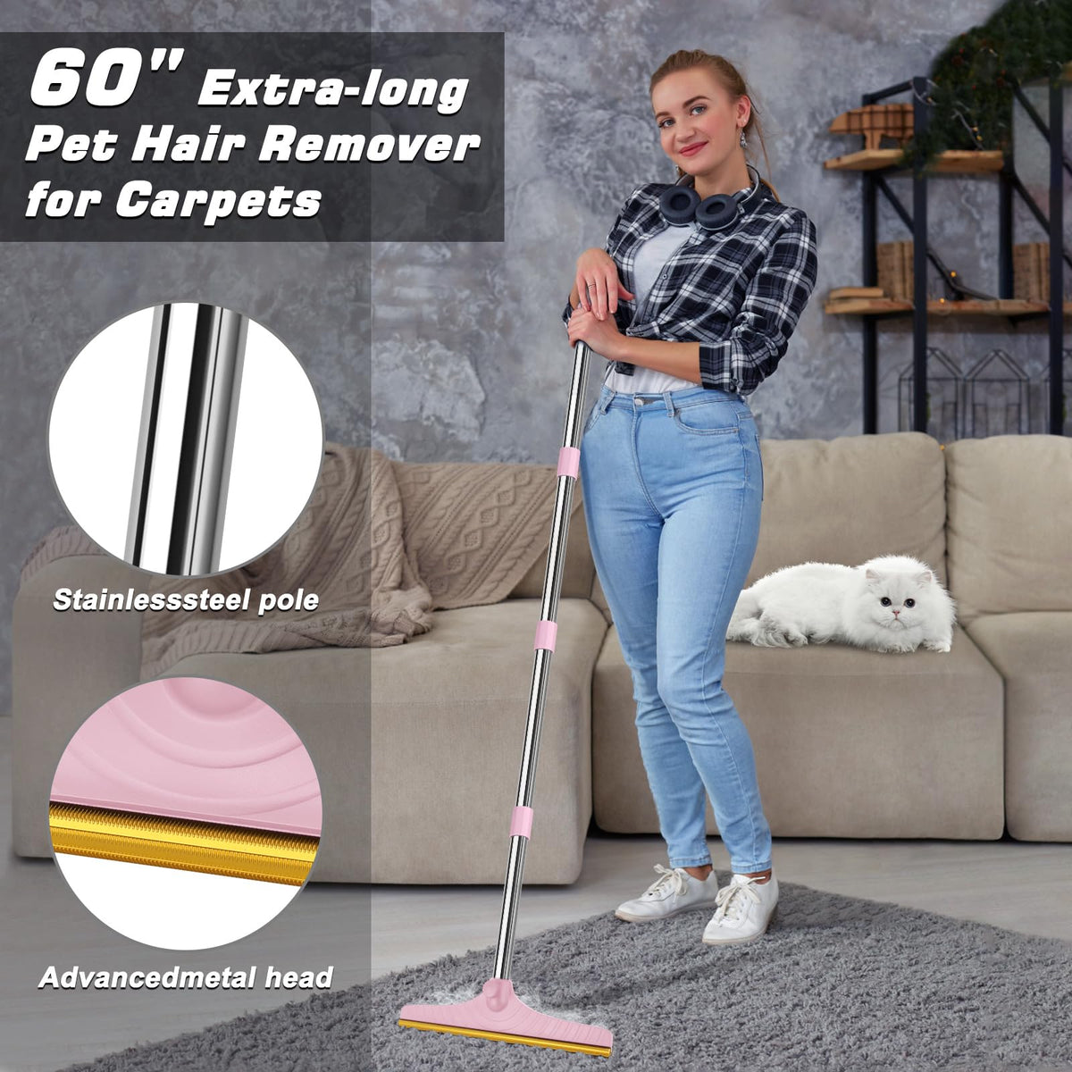 Carpet Rake for Pet Hair Removal (Pink)