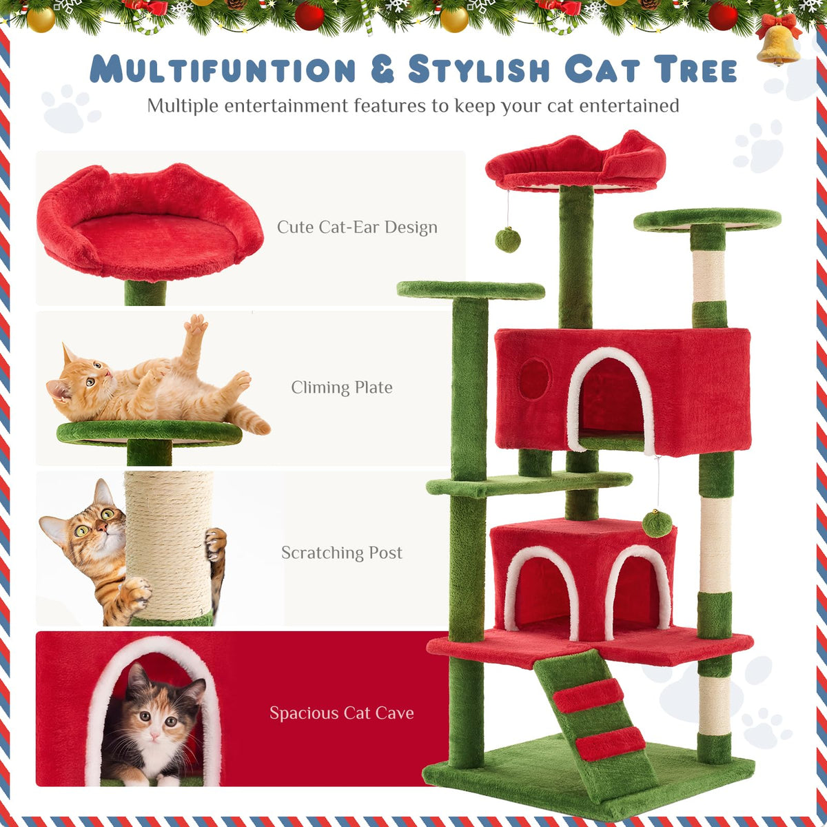 54 Inch Cat Tree Tower with Scratching Posts (Red & Green / 54 Inch)