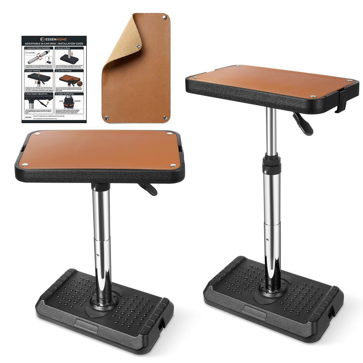 Compact Car Seat Tray Table with Premium Leather Mat (Large)