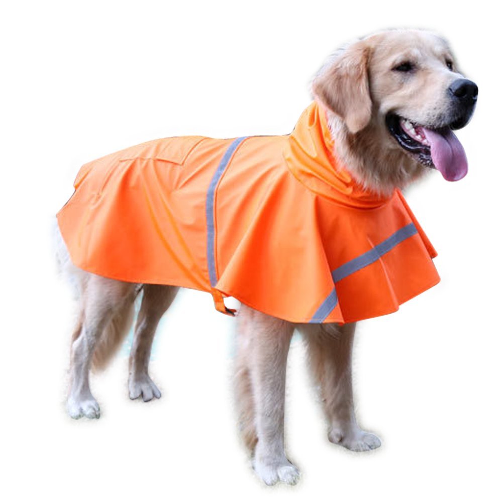 Large Dog Raincoat Adjustable Pet Water Proof Clothes Lightweight Rain Jacket Poncho Hoodies with Strip Reflective (Orange / Medium (Pack of 1))