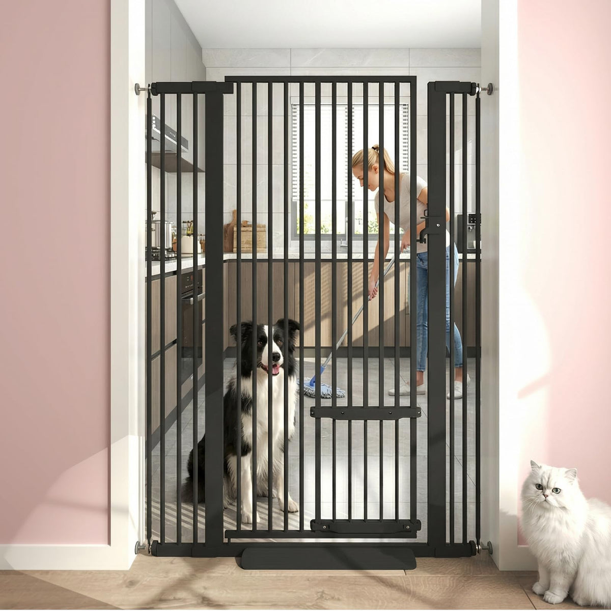 55.11" Extra Tall Pet Gate With Small Cat Door (Black / 55.11 inches SET A)