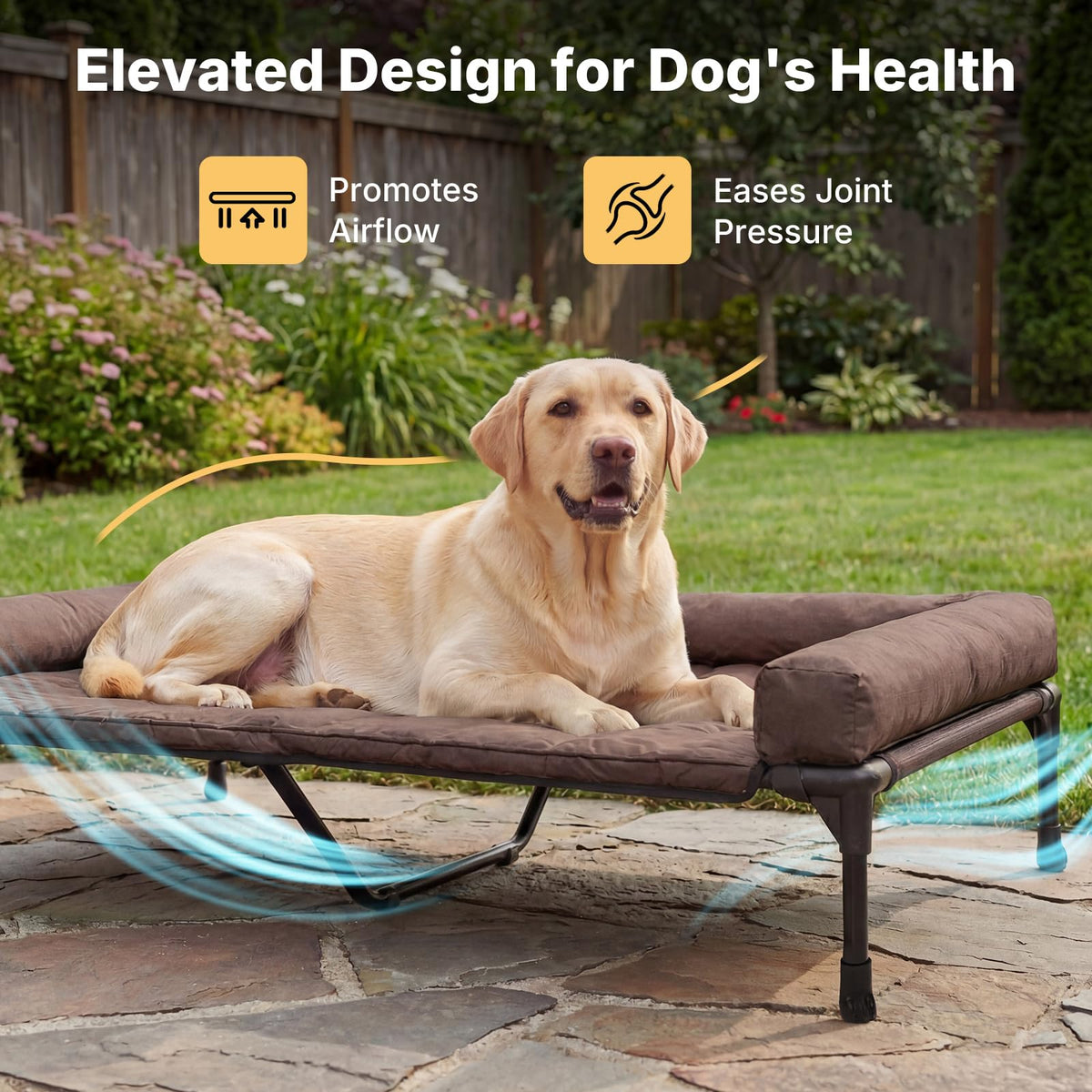 Outdoor Elevated Dog Bed with Waterproof Bolster Cushion (Brown / 53.0"L x 37.5"W x 9.0"Th)
