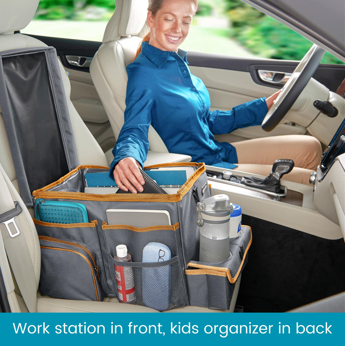 Front Seat Organizer with Tray and Cup Holders (Gray)